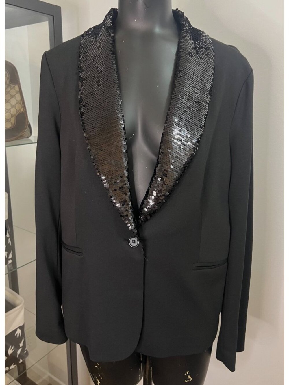 Adrianna Papell Black Blazer With Sequin Lapel Single-Button Closure Size Medium